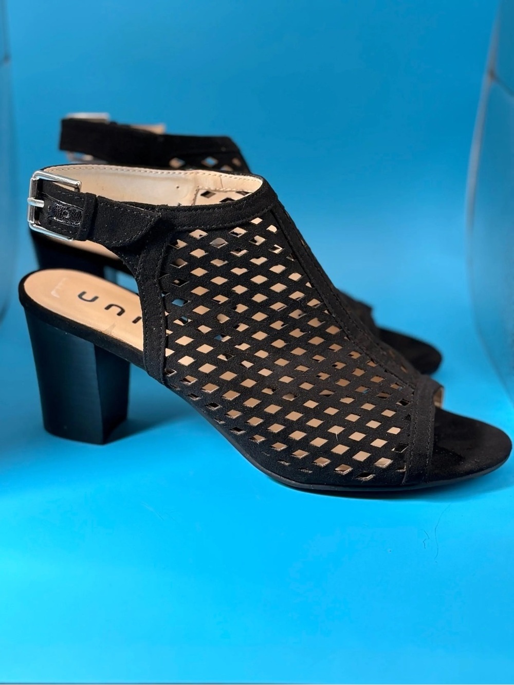 Unisa “Ungaila" Laser Cutout Peeptoe Slingback Suede Block Heels Size 7